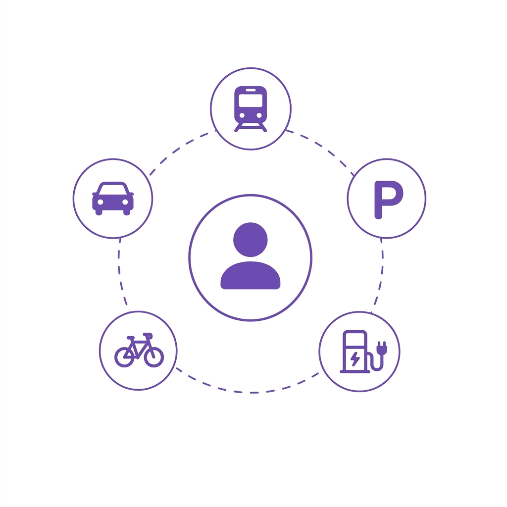 Diagram showing a rider connected to transit, parking, rideshare, bike share, and charging across separate silos
